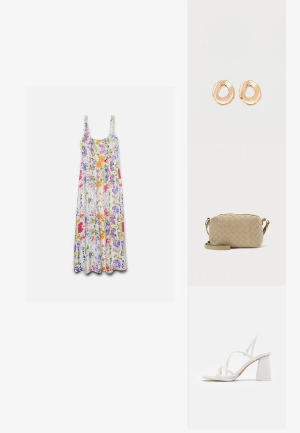 Robe maxi sans manches avec encolure ronde, présentant un motif floral coloré en rose, violet, orange, bleu et vert sur fond blanc.; Sandales à talons blancs avec des brides fines, un bout carré et un talon bloc épais, au texte lisse et au design minimalist.; Sac bandoulière rectangulaire beige avec texture en cuir tressé et bandoulière réglable sur un fond clair.; Paired boucles d'oreilles en métal doré poli de forme irrégulière avec un centre ouvert sur un fond blanc uni.