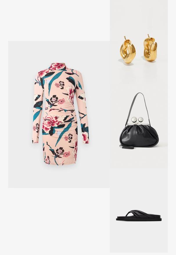Diane von Furstenberg AMY DRESS - Freizeitkleid - light pink; Schwarze flache Sandale mit gepolsterter Kreuzriemen und Zehensteg, minimalistisches Design vor schlichtem hellgrauen Hintergrund.; Schwarze Ledertasche mit gerafftem Design, einem einzelnen Riemen, silbernem Metallrahmen und zwei großen runden silbernen Verschlüssen.; Fette goldene Creolen mit einem leicht verdrehten, röhrenförmigen Design und Steckverschlüssen auf einem weißen Hintergrund.