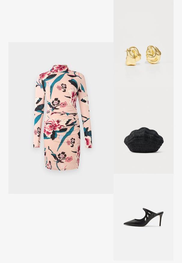Diane von Furstenberg AMY DRESS - Φόρεμα ημέρας - light pink; Μαύρες δερμάτινες μπαλαρίνες με ψηλό τακούνι, με μυτερή μύτη, σχέδιο με κομμένα πλαϊνά και γυαλιστερή υφή. Τακούνι στιλέτο και διακριτική λεπτομέρεια ραψίματος.; Μαύρη τσάντα από καλάμι σε σχήμα κοχύλι αχιβάδας με καμπύλη κορυφή και υφή υφαντής επιφάνειας σε απλό φόντο.; Σκουλαρίκια από μέταλλο με χρυσό τόνο και γλυπτικό, στρογγυλό σχέδιο. Λείος, λαμπερός επιφάνεια με στρογγυλό σχήμα και χωρίς ορατά διακοσμητικά στοιχεία.