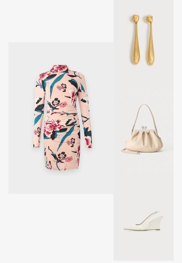 Diane von Furstenberg AMY DRESS - Freizeitkleid - light pink; Weißer Slingback Keilabsatz-Schuh aus Lackleder mit spitzer Schuhspitze und verstellbarem Schnallenriemen vor einfarbigem Hintergrund.; Beige weiche Lederhandtasche mit silbernem Metallrahmenverschluss, einem Schulterriemen und einem optionalen Kettenriemen auf weißem Hintergrund.; Paar lange, glatte, glänzende goldene Tropfenohrringe mit abgerundeten Oberseiten und zulaufenden Tropfenformen auf hellem Hintergrund.