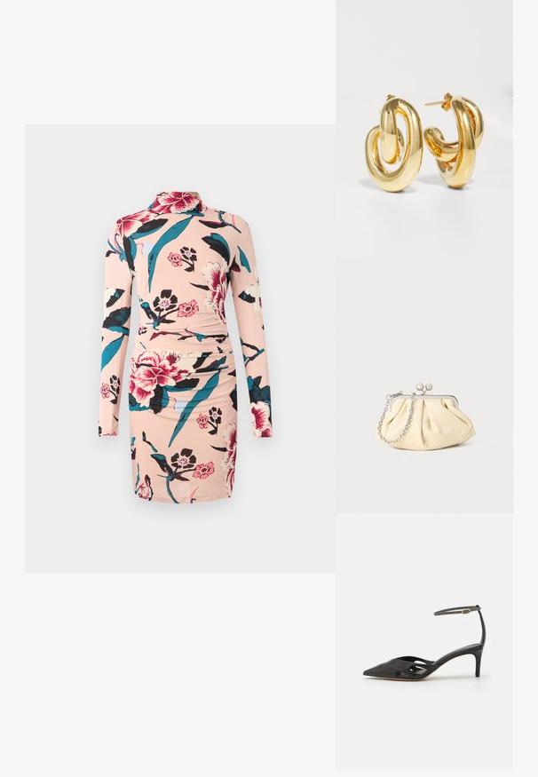 Diane von Furstenberg AMY DRESS - Φόρεμα ημέρας - light pink; Μαύρο δερμάτινο ψηλοτάκουνο παπούτσι με μυτερή μύτη, ανοιχτές πλευρές και λεπτό λουράκι στον αστράγαλο που διαθέτει μια μικρή χρυσή λεπτομέρεια.; Πτυχωτό μπεζ δερμάτινο τσαντάκι με ασημένιο μεταλλικό πλαίσιο, διαθέτοντας δύο στρογγυλούς διακοσμητικούς κλειστές και μια ασημένια αλυσίδα.; Charlotte Chesnais BO INITIAL BLOW - Σκουλαρίκια - gold-coloured