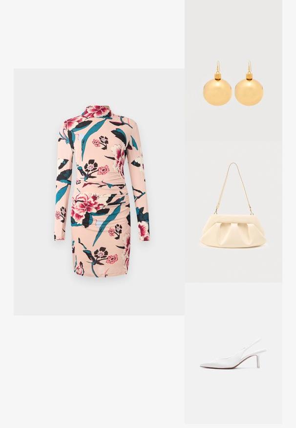 Diane von Furstenberg AMY DRESS - Freizeitkleid - light pink; Damen-Slingback-Schuh aus weißem Leder mit spitzer Spitze, niedrigem Kitten-Heel und kleiner dekorativer Schleife oben, seitlich dargestellt.; Beige Lederhandtasche mit gesammelten Falten, goldenen Beschlägen und einem einzelnen dünnen Schulterriemen vor einem schlichten Hintergrund.; Paar glänzende goldene Weihnachtskugel-Ohrringe mit Hakenverschlüssen auf einfachem weißem Hintergrund.