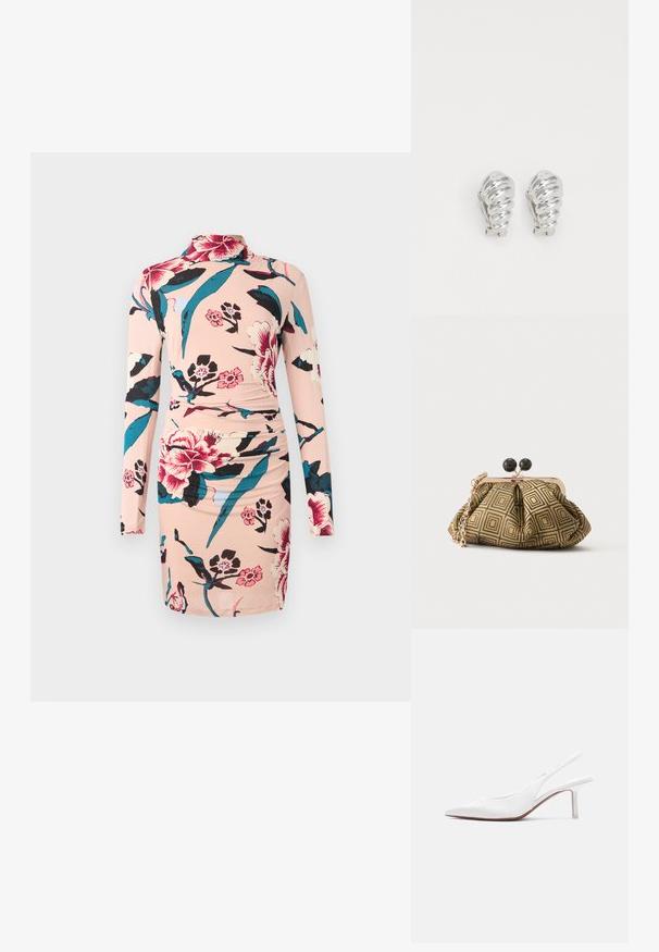 Diane von Furstenberg AMY DRESS - Denné šaty - light pink; Biela dámska obuv na opätku typu slingback z kože s špicatou špičkou, nízkym opätkom a malou ozdobnou mašľou na vrchu, zobrazená z bočného profilu.; Malá kabelka s geometrickým zlatým a čiernym vzorom, kovovým rámom v zlatom tóne, čiernym zapínaním v tvare guličky a krátkým zlatým retiazkovým remienkom.; Strieborné klipsňové náušnice so spirálovým dizajnom, s hladkým kovovým povrchom a zaoblenými tvarmi. Bez viditeľných ozdôb či vzorov.