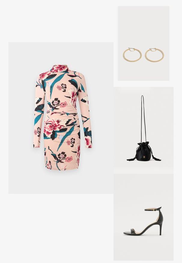 Diane von Furstenberg AMY DRESS - Jurk - light pink; Zwarte leren hoge hak sandaal met enkelbandje. Heeft een gladde textuur, open teen en een dunne hak. Gouden gesp detail.; Zwarte bucketbag met trekkoord, lange dunne band en klein goudkleurig vierkant logo aan de voorkant, weergegeven tegen een eenvoudige achtergrond.; Een paar middelgrote gouden oorringen met een getextureerd, kralenontwerp op een effen lichte achtergrond.