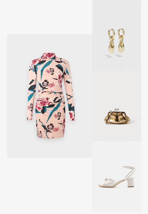 Diane von Furstenberg AMY DRESS - Freizeitkleid - light pink; Cremfarbene Sandale mit Blockabsatz und gewundenem Riemendesign, glatter Textur, verstellbarem Knöchelriemen und offener Zehenpartie.; Kleine goldene Pailletten-Clutch mit silbernem Verschluss und kurzem silbernem Kettenhenkel auf einfarbig hellem Hintergrund.; Goldene Creolenohrringe mit einem verknüpften Design und glatten, tropfenförmigen Akzenten. Der reflektierende Finish erhöht die visuelle Anziehungskraft.