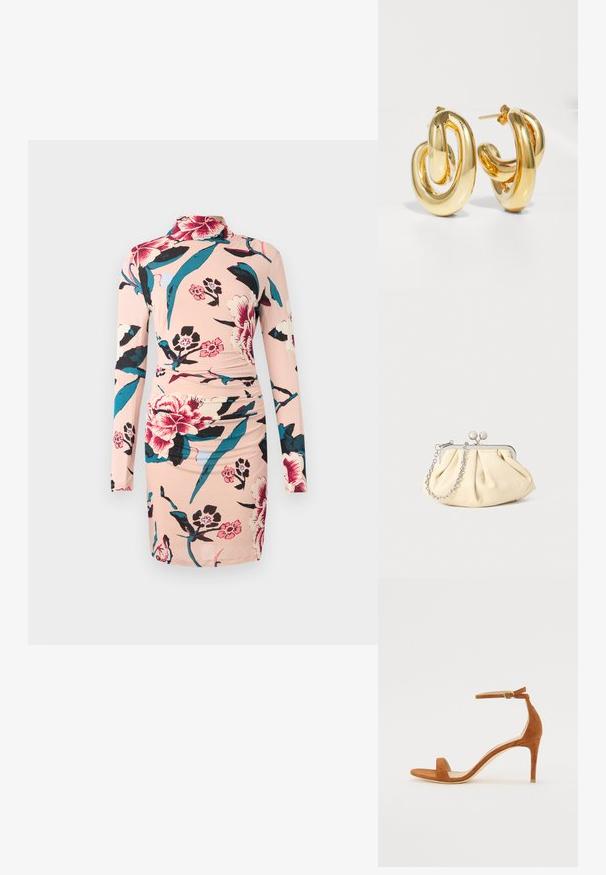 Diane von Furstenberg AMY DRESS - Φόρεμα ημέρας - light pink; Καφέ σουέτ ψηλοτάκουνη σαγιονάρα με λεπτή βραχιολάκι στον αστράγαλο με χρυσό κούμπωμα, ανοιχτό μπροστινό μέρος και κομψό, μινιμαλιστικό σχέδιο.; Πτυχωτό μπεζ δερμάτινο τσαντάκι με ασημένιο μεταλλικό πλαίσιο, διαθέτοντας δύο στρογγυλούς διακοσμητικούς κλειστές και μια ασημένια αλυσίδα.; Charlotte Chesnais BO INITIAL BLOW - Σκουλαρίκια - gold-coloured