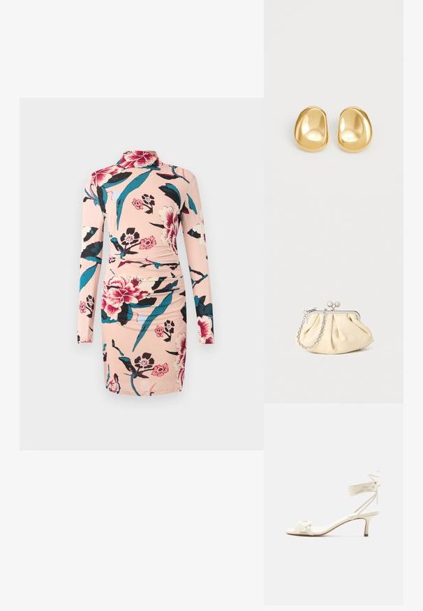 Diane von Furstenberg AMY DRESS - Freizeitkleid - light pink; Sandale in Cremefarben mit niedrigem Absatz, Knöchelriemen zum Binden und breitem, verdrehtem Riemen über den Zehen auf weißem Hintergrund.; Faltige beigefarbene Ledertasche mit einem silbernen Metallrahmen, ausgestattet mit zwei runden dekorativen Verschlüssen und einem silbernen Kettenriemen.; Goldfarbene Ohrstecker mit einer glatten, runden Form und einer reflektierenden Oberfläche, die ein minimalistisches Design ohne sichtbare Muster zeigen.