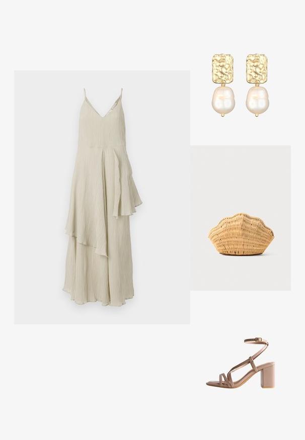 Vestido de color crema con escote en V, tirantes finos y un diseño fluido y en capas que presenta pliegues texturizados y dobladillos asimétricos.; Sandal de tacón beige con un chunky block heel, diseño entrelazado, hebilla en el tobillo y un acabado suave y brillante en el material superior.; Bolso de mano de ratán tejido con forma de concha de vieira, de color marrón claro natural y bordes redondeados y texturizados.; Pendientes en tono dorado que cuentan con una parte superior rectangular texturizada y una gran perla blanca de forma irregular colgando por debajo.