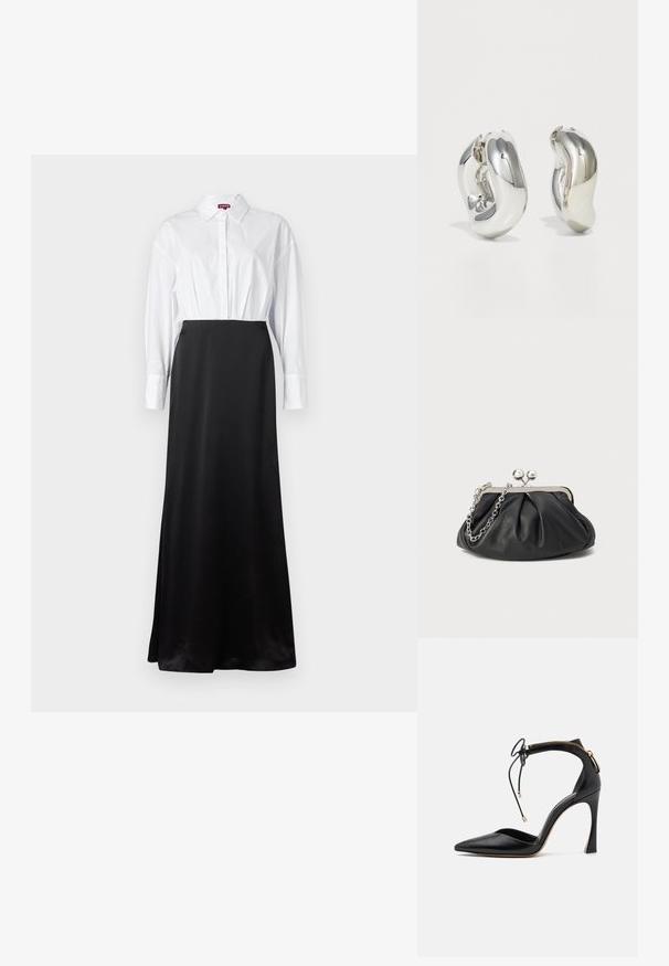 Hvid skjorte med lange ærmer parret med en sort satin maxi-nederdel, hvilket skaber et to-farvet, lagdelt design.; Sort læder damesko med høj hæl og spids tå, ankelrem med lynlås og dekorativ sløjfe, glat tekstur og stiletthæl.; Sort læder clutch med samlet tekstur, sølvfarvet metalramme, kys-lås lukning og kædestrop. Glat, blød overflade.; Sølvskulpturelle øreringe med glatte, buede former og reflekterende overflader. Har et lukket hoop-design og en markant organisk form.