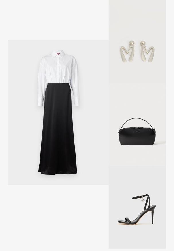 Chemise blanche à manches longues assortie à une jupe maxi en satin noir, créant un design stratifié en deux tons.; Sandale à talon haut noire avec une bride étroite à la cheville, bout carré, cuir lisse et accent de boucle métallique.; Petit sac bracelet en cuir noir avec fermeture éclair argentée et poignée courte, logo Emporio Armani Milano 1981 embossé sur le devant.; Paire de boucles d'oreilles en métal argenté en forme de lettre M angulaire avec des tiges arrondies sur fond blanc.