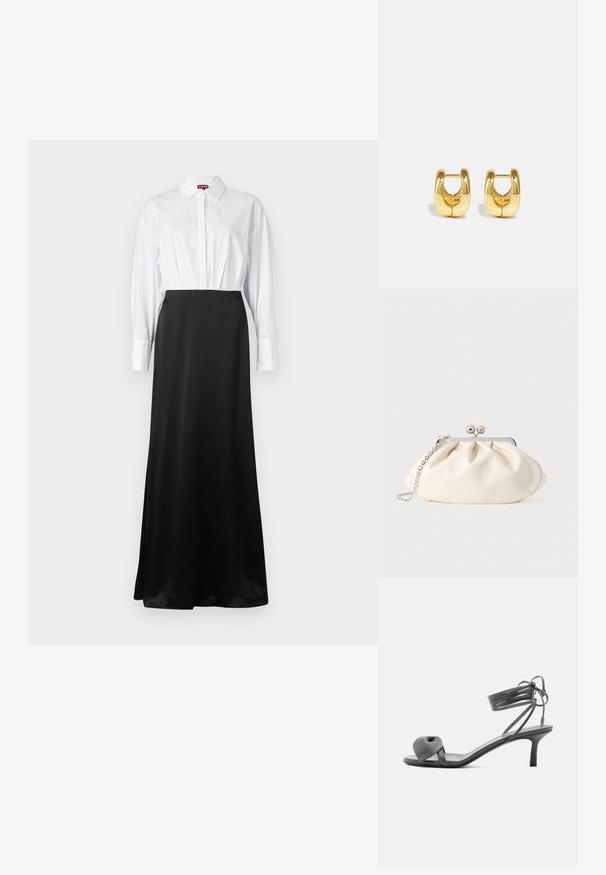 Hvid skjorte med lange ærmer parret med en sort satin maxi-nederdel, hvilket skaber et to-farvet, lagdelt design.; Grå læder sandal med hæl, knyttet rem ved tæerne og snørebånd, der vikles om anklen, på slank mellemhøj hæl mod hvid baggrund.; Cremefarvet stofclutch med et rynket design, sølv metalramme, to dekorative kugler og en sølvkæde som rem.; Guld hoops øreringe med et slankt, afrundet design. Har en hul midte og en blank overflade, der komplementerer moderne stilarter.