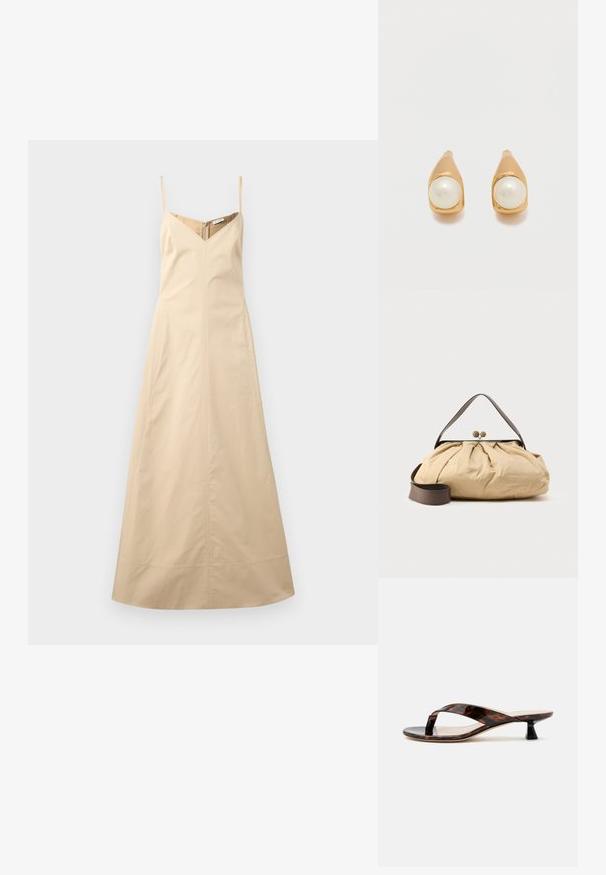 Robe longue beige sans manches avec fines bretelles, décolleté en V et corsage cintré, étalée à plat sur un fond blanc.; Sandale à talon kitten écaille de tortue marron avec bride entre les orteils et bout carré sur un fond clair uni.; Sac en tissu beige avec un design froncé, poignée en cuir marron et deux fermetures métalliques rondes en haut. Sangle marron réglable incluse.; Boucles d'oreilles à clous en ton or, chacune ornée d'une perle blanche ronde unique, sertie dans un métal lisse et courbé sur un fond clair uni.
