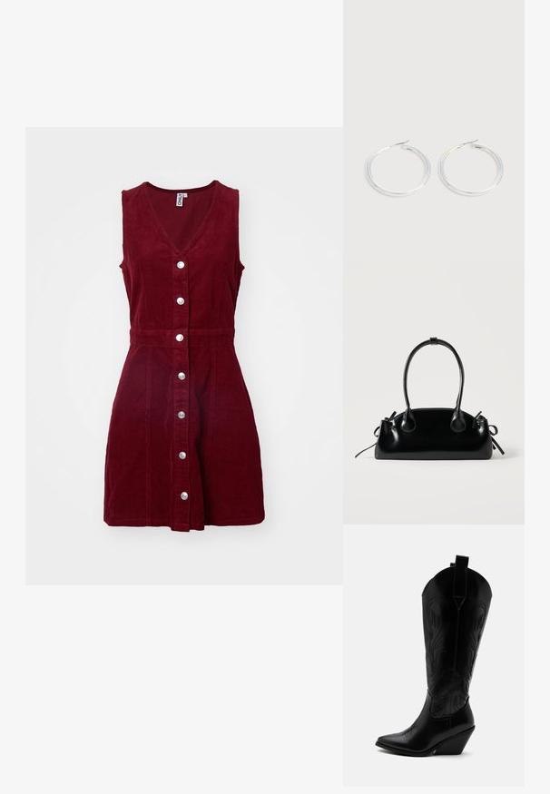 ONLY ONLMOXIE DRESS - Φόρεμα ημέρας - cabernet; Μαύρη δερμάτινη καουμπόικη μπότα με μυτερή μύτη, κεκλιμένο τακούνι τύπου μπλοκ, διακοσμητική ραφή και θηλιές στην κορυφή με φόντο το λευκό.; Μικρή μαύρη γυαλιστερή τσάντα με δύο μακριές λαβές και λεπτομέρειες με ρυθμιζόμενο κορδόνι στο πλάι σε απλό ανοιχτό φόντο.; Ζεύγος λαμπερών ασημένιων κρίκων με λεπτές σύρμα σφραγίδες, παρουσιασμένα σε ανοιχτό γκρι φόντο.