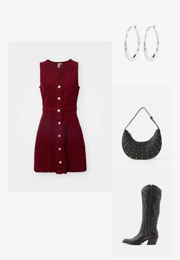 ONLY ONLMOXIE DRESS - Robe de jour - cabernet; Bottes de cowboy en cuir marron avec surpiqûres en forme de flammes, fermeture éclair latérale, clous argentés, bout pointu et talon superposé.; Sac à main en cuir noir avec une forme arrondie, orné de clous en argent, doté d'une fermeture éclair et d'une seule sangle ajustable.; Boucles d'oreilles créoles en argent avec une finition lisse et brillante. Forme circulaire, dotée d'un fermoir sécurisé. Design simple et élégant.