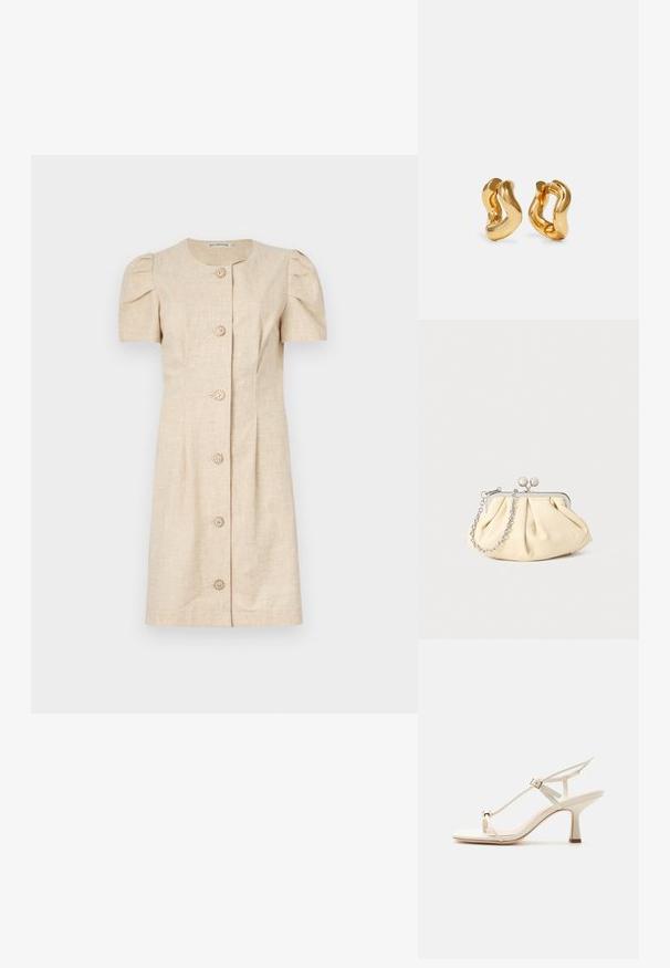 Korte mouw beige jurk met een rechte snit, featuring pofmouwen, een ronde halslijn en vijf decoratieve knopen aan de voorkant.; Beige hoge hak sandaal met dunne bandjes, een verstelbare gesp, teenringdetail en een taps toelopende blokhak op een vlakke ondergrond.; Geplooide beige leren clutch met een zilveren metalen frame, voorzien van twee ronde decoratieve sluitingen en een zilveren kettingriem.; Gouden oorringen met een golvend ontwerp, voorzien van een gladde, glanzende oppervlakte en een gestroomlijnde vorm. Geen zichtbare sluitingen.