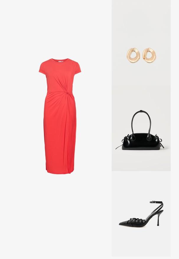 Robe midi rouge avec manches courtes, col rond et détail froncé torsadé à la taille sur le devant au centre.; Chaussure à talon haut noire à bout pointu, bords festonnés, œillets métalliques, lacets à l'avant et bride de cheville avec fermeture à boucle.; Petit sac à main noir brillant avec deux longues anses et des détails à cordon sur les côtés sur un fond clair uni.; Paired boucles d'oreilles en métal doré poli de forme irrégulière avec un centre ouvert sur un fond blanc uni.