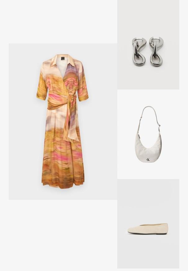 Vestido estilo wrap en tejido ligero, con un patrón abstracto multicolor en tonos de rosa, naranja y amarillo. Mangas cortas y cintura ajustada.; Bailarina de ante beige con punta redonda, suela plana y diseño minimalista. Textura suave y sin hardware o adornos visibles.; Bolso de hombro de cuero blanco en forma de media luna, con correa ajustable, cierre de cremallera y logotipo negro de Calvin Klein en el frente.; Par de pendientes de metal con acabado plateado y diseño abstracto de bucles entrelazados sobre un fondo blanco.