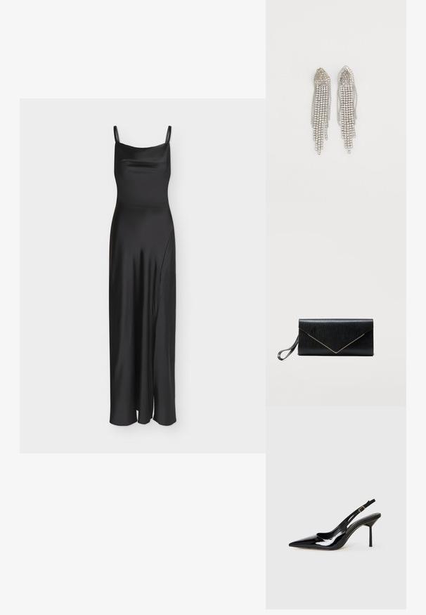 Longue robe nuisette noire en satin avec fines bretelles et une fente latérale discrète.; Sandale à talon aiguille en cuir verni noir à bout pointu, avec une fine sangle et une boucle dorée sur fond blanc.; Pochette en cuir noir avec texture de lézard, garniture triangulaire dorée sur le rabat et bracelet de poignet sur le côté gauche, sur fond blanc uni.; Boucles d'oreilles en argent présentant un design en cascade avec plusieurs rangées de strass scintillants, des pointes effilées et de délicates nuances de chaîne.