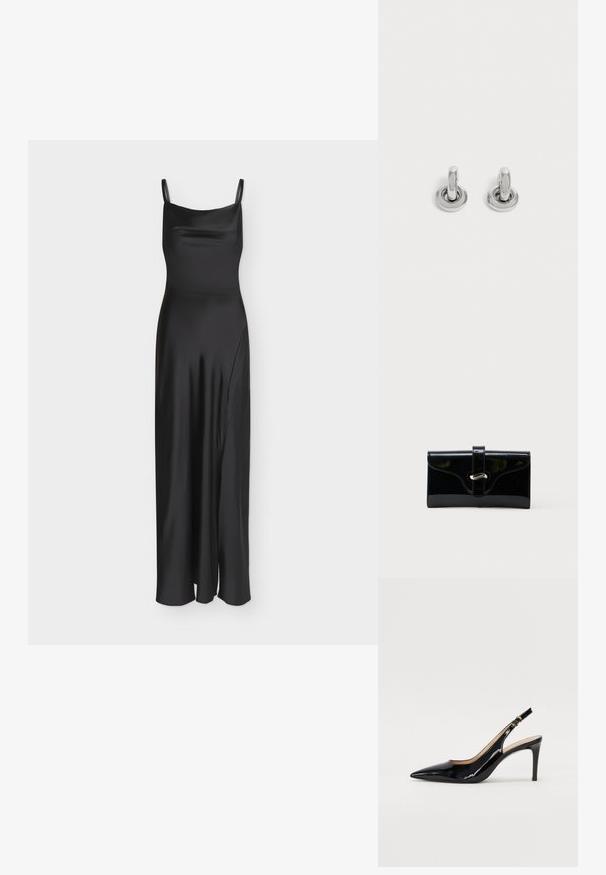 Longue robe nuisette noire en satin avec fines bretelles et une fente latérale discrète.; Pompe slingback en cuir verni noir avec un bout pointu, un talon fin et un design de découpes subtil. Elle dispose d'une boucle dorée sur la sangle.; Portefeuille rectangulaire brillant noir avec une sangle frontale et une fermeture à boucle en métal argenté, présenté sur un fond blanc uni.; Paire de petites boucles d'oreilles créoles argentées brillantes avec une base ronde, présentées sur un fond clair uni.