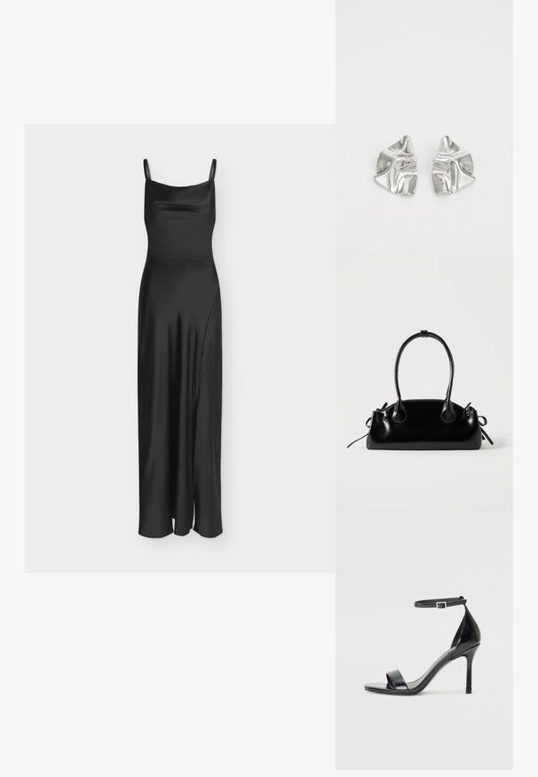 Longue robe nuisette noire en satin avec fines bretelles et une fente latérale discrète.; Sandale à talon haut en cuir verni noir avec un bout ouvert, une seule lanière à l'avant et une lanière de cheville ajustable.; Petit sac à main noir brillant avec deux longues anses et des détails à cordon sur les côtés sur un fond clair uni.; Boucles d'oreilles en métal argenté avec un design ondulé et sculptural, présentant une finition polie et des formes irrégulières, mettant en valeur une esthétique contemporaine.