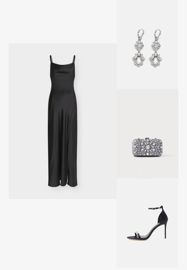 Longue robe nuisette noire en satin avec fines bretelles et une fente latérale discrète.; Sandale à talon haut en satin noir avec une sangle fine, une boucle à la cheville et un accent décoratif en strass sur la bride avant.; Petit sac pochette rectangulaire gris foncé orné de strass clairs disposés en motif rayonnant, avec une bandoulière chaîne argentée.; Boucles d'oreilles en métal argenté ornées de plusieurs pierres précieuses en cristal transparent en forme de goutte et de marquise, avec des fermoirs à levier et des détails complexes.