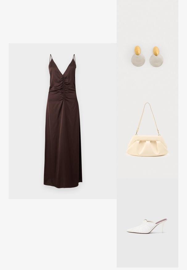 Robe marron en satin sans manches avec des fronces sur le devant et de fines bretelles, longueur au sol avec une fente latérale.; Mules blanches à bout pointu, texture plissée sur le dessus, et talon stiletto fin. Surface lisse et design minimaliste.; Sac à main en cuir couleur crème avec des plis froncés, des ferrures dorées, et une seule bandoulière fine sur un fond uni.; Boucles d'oreilles en métal doré et argenté avec une base en disque rond et une pièce supérieure ovale, texture lisse et finition polie.