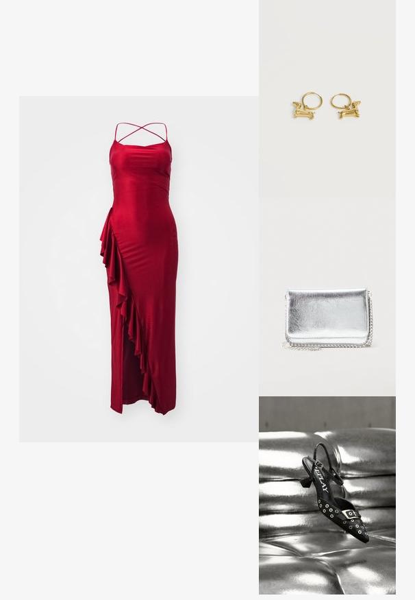 Rotes Satin-Maxikleid mit verstellbaren, über Kreuz laufenden Trägern, seitlichem Rüschendetail und taillierter Silhouette. Glatte Textur, elegantes Design.; Schwarzer Slingback-Schuh mit spitz zulaufender Spitze, ausgestattet mit silbernen Ösen und einer Schnallenverzierung. Hergestellt aus strukturiertem Material mit kleinem Blockabsatz.; Kleine rechteckige silberne Metalltasche mit Kettenriemen, die auf einer hellen Oberfläche liegt, geschlossene Klappe zeigt nach vorne.; Kleine goldene Creolen, jeweils mit einem hängenden Dackel-Charm vor schlichtem weißem Hintergrund.