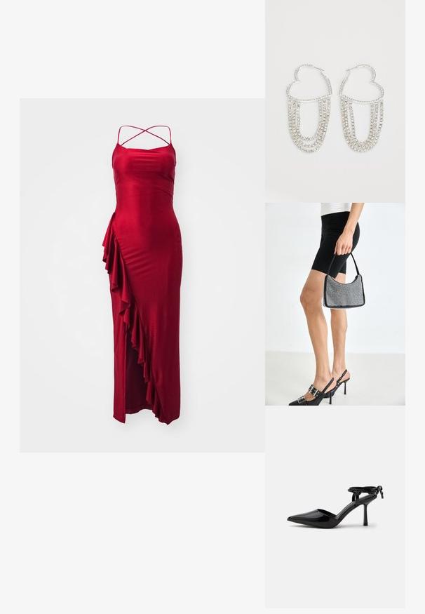 Rotes Satin-Maxikleid mit verstellbaren, über Kreuz laufenden Trägern, seitlichem Rüschendetail und taillierter Silhouette. Glatte Textur, elegantes Design.; Schwarzer Lackleder-Pumps mit spitzer Zehenpartie und Knöchelriemen, hinten zu einem Knoten gebunden, gezeigt auf weißem Hintergrund.; Schwarze Perlen-Handtasche mit geschwungener Silhouette, Tragegriff und glänzender Textur. Kombiniert mit schwarzen High Heels und enganliegenden schwarzen Shorts.; Silberne Creolen in Herzform, verziert mit herabhängenden Strängen aus klaren Strasssteinen für zusätzlichen Glanz und Textur.