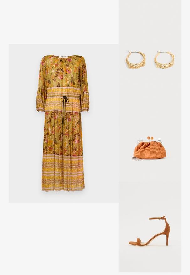 Vestido largo amarillo con flores, mangas largas, cintura con cordón y falda con volantes. Presenta patrones de cachemira y geométricos con acentos en rosa y naranja.; Sandal de tacón alto de ante marrón con una delgada correa en el tobillo y una hebilla dorada, puntera abierta y un diseño elegante y minimalista.; Pequeño bolso de mano tejido en naranja con marco de metal plateado, cierre redondo y una correa de cadena plateada sobre un fondo blanco.; Par de pendientes de aro en tono dorado con grabados ornamentales de flores y hojas sobre un fondo neutro.