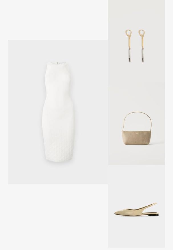 Robe blanche sans manches jusqu'aux genoux avec un col montant et un motif texturé subtil sur le tissu, présentée sur un fond uni.; Chaussure plate beige à bout pointu avec bride arrière, petit talon noir et finition en cuir lisse, vue de côté sur un fond uni.; Sac à main tissé beige avec fine bandoulière et petit logo doré "BOSS" à l'avant, présenté sur fond blanc uni.; Boucles d'oreilles pendantes en or et argent avec fermoirs à levier, présentant une barre en or reliée à une barre en argent gravée "DKNY" sur un fond blanc.