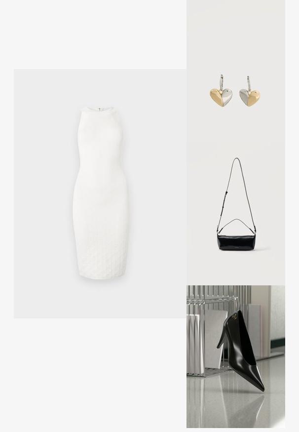 Robe blanche sans manches jusqu'aux genoux avec un col montant et un motif texturé subtil sur le tissu, présentée sur un fond uni.; Chaussure noire à talon haut avec bout pointu et logo doré, posée sur une surface réfléchissante près d'un organiseur de dossiers en fil chromé contenant des documents.; Sac bandoulière rectangulaire en cuir noir avec bandoulière ajustable, fermeture éclair sur le dessus et petit logo Calvin Klein doré sur le devant.; Paire de boucles d'oreilles en forme de cœur avec un design bicolore, une moitié en or et l'autre en argent, montées sur des crochets en argent.