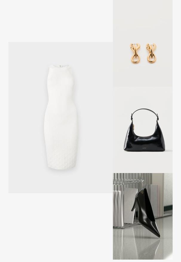 Robe blanche sans manches jusqu'aux genoux avec un col montant et un motif texturé subtil sur le tissu, présentée sur un fond uni.; Chaussure noire à talon haut avec bout pointu et logo doré, posée sur une surface réfléchissante près d'un organiseur de dossiers en fil chromé contenant des documents.; Sac à main Calvin Klein noir brillant avec fermeture éclair dorée et anse courte sur fond blanc uni.; Paire de boucles d'oreilles créoles en bouclettes dorées brillantes sur fond blanc uni, présentant un design torsadé entrelacé.