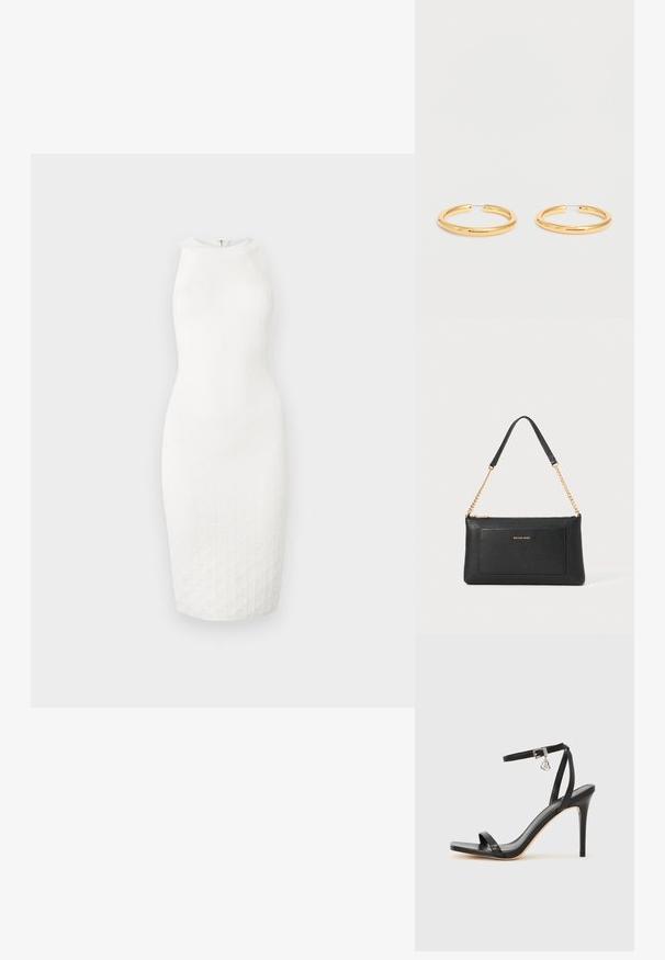 Robe blanche sans manches jusqu'aux genoux avec un col montant et un motif texturé subtil sur le tissu, présentée sur un fond uni.; Sandale à talon haut noire avec une bride étroite à la cheville, bout carré, cuir lisse et accent de boucle métallique.; Pochette en cuir noir avec une texture en relief, bandoulière en chaîne dorée et une poche avant. Elle arbore un logo doré sur le devant.; Paire de boucles d'oreilles créoles en or poli de taille moyenne avec des fermoirs en fil fin sur fond blanc uni.