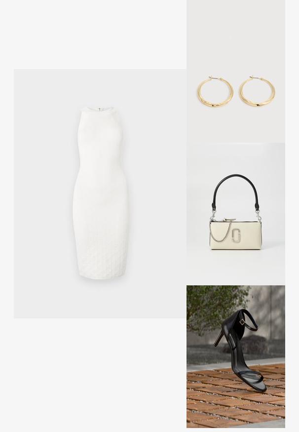 Robe blanche sans manches jusqu'aux genoux avec un col montant et un motif texturé subtil sur le tissu, présentée sur un fond uni.; Sandale noire à talon haut avec sangle à la cheville, suspendue au-dessus d'un sol en carreaux de bois à l'extérieur, avec un arrière-plan flou de verdure et de pierre.; Sac à main de couleur crème avec une poignée noire, un détail en chaîne argentée et un logo bien visible à l'avant. Texture lisse et fermeture éclair.; Paire de boucles d’oreilles créoles en or poli avec des tiges fines et des fermoirs à charnière, présentées sur un fond gris clair uni.