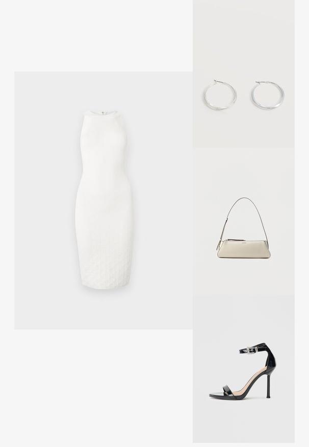 Robe blanche sans manches jusqu'aux genoux avec un col montant et un motif texturé subtil sur le tissu, présentée sur un fond uni.; Sandale à talon haut en cuir verni noir avec bride à la cheville. Présente un design minimaliste, un bout ouvert et une boucle ornée de strass.; Petit sac à épaule en cuir beige avec une fine bandoulière et une fermeture éclair, orné d'un logo métallique discret au centre avant.; Boucles d’oreilles créoles en métal argenté avec une surface lisse légèrement incurvée et des fermoirs à clapet sur un fond blanc uni.