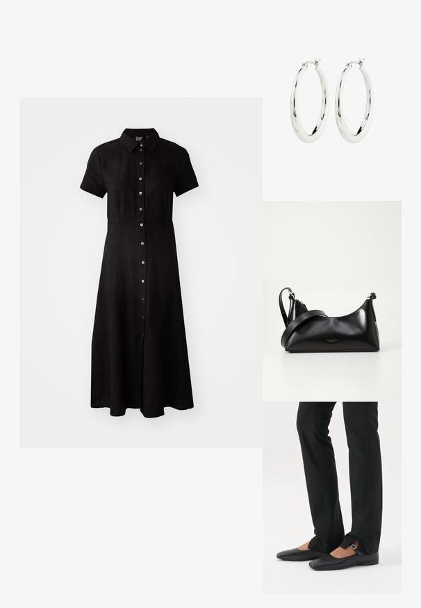 Schwarzes kurzes Kleid mit kurzen Ärmeln, Knopfleiste, Kragen und knielangem Rock aus leichtem Stoff. Glatte Textur und taillierte Passform.; Beine in schwarzen schmalen Hosen mit vorderen Schlitzen am Saum, kombiniert mit schwarzen flachen Mary-Jane-Schuhen mit kleinem Schnallenriemen.; Schwarze lederne Handtasche mit glatter Textur. Verfügt über einen verstellbaren Riemen und ein elegantes, minimalistisches Design mit einem Reißverschluss.; Silberne Creolen mit einer glatten, glänzenden Oberfläche. Kreisform, ausgestattet mit einem sicheren Verschluss. Einfaches und elegantes Design.