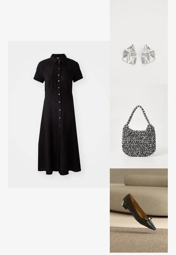 Schwarzes kurzes Kleid mit kurzen Ärmeln, Knopfleiste, Kragen und knielangem Rock aus leichtem Stoff. Glatte Textur und taillierte Passform.; Schwarzer Leder-Ballerina mit spitzer Schuhspitze, kleinem dekorativem Schleifchen und goldenem Akzent, der über einem beigen Teppich mit Sofa im Hintergrund schwebt.; Gewebte Handtasche in Schwarz und Weiß mit runder Form, strukturiertem Oberflächenfinish und geflochtener Grifffläche. Geeignet für den lässigen Gebrauch.; Silberne Metallohrringe mit einem wellenförmigen, skulpturalen Design, das eine polierte Oberfläche und unregelmäßige Formen aufweist, die eine zeitgenössische Ästhetik betonen.