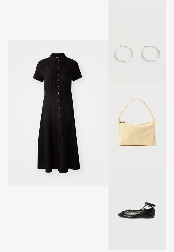 Robe noire à manches courtes avec un devant à boutons, un col et une jupe de longueur genoux en tissu léger. Texture douce et coupe ajustée.; Ballerines en cuir verni noir avec un bout rond, un design à lacets et une semelle plate. Texture lisse avec peu de détails.; Petit sac à main en cuir beige avec une seule bandoulière et des clous argentés le long des bords et de la bandoulière, posé sur un fond uni.; Boucles d’oreilles créoles en métal argenté avec une surface lisse légèrement incurvée et des fermoirs à clapet sur un fond blanc uni.