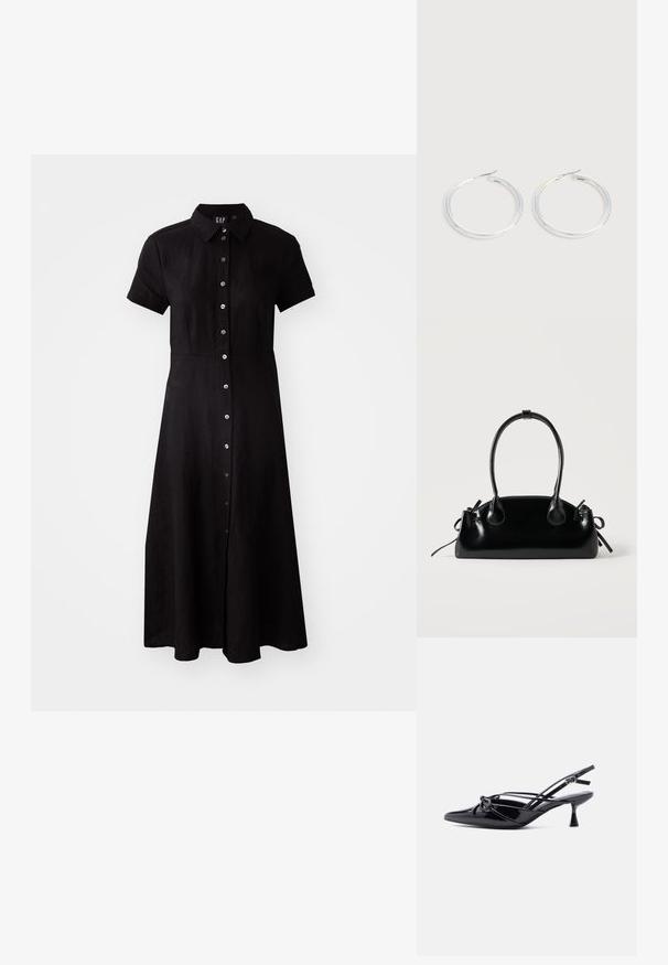Schwarzes kurzes Kleid mit kurzen Ärmeln, Knopfleiste, Kragen und knielangem Rock aus leichtem Stoff. Glatte Textur und taillierte Passform.; Schwarzer Slingback-Pumps aus Lackleder mit spitzer Zehenpartie, niedrigem Kitten-Heel und dekorativer, geknoteter Schleife vorne.; Kleine schwarze glänzende Handtasche mit zwei langen Griffen und seitlichen Kordelzug-Details vor einfachem hellem Hintergrund.; Paar glänzende silberne Creolen mit dünnen Drahtverschlüssen, dargestellt vor einem hellgrauen Hintergrund.
