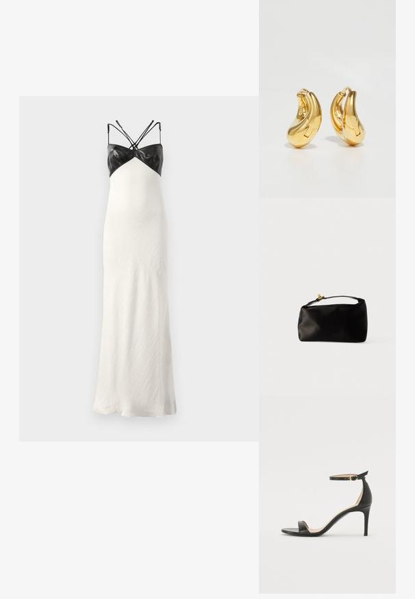 Vestido maxi blanco con un corsé de cuero negro ajustado, finas tirantes ajustables y una falda de tejido texturizado que fluye.; Sándalo de tacón alto de piel negra con tiras en el tobillo. Presenta una textura suave, puntera abierta y un tacón delgado. Detalles de hebilla en tono dorado.; Bolsa de terciopelo negro con forma redondeada, un asa superior y un cierre de acento dorado. Textura suave con un diseño minimalista.; Pendientes de aro de oro con forma curva y suave, y acabado pulido. Presentan un mecanismo de cierre y ligeras indentaciones para un toque de detalle.