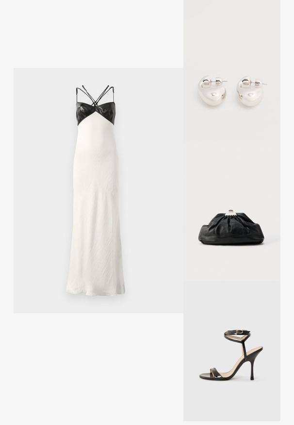 Vestido maxi blanco con un corsé de cuero negro ajustado, finas tirantes ajustables y una falda de tejido texturizado que fluye.; Sandalia de tacón alto de charol negro con tira delgada en el tobillo y hebilla, punta abierta y tacón aguja esbelto sobre fondo blanco.; Bolso de mano de cuero negro con textura recogida, cierre de broche metálico y logo en relieve sutil en el frente. Forma redondeada.; Par de pendientes llamativos de aro grueso plateado brillante con cierre de poste sobre un fondo blanco liso.