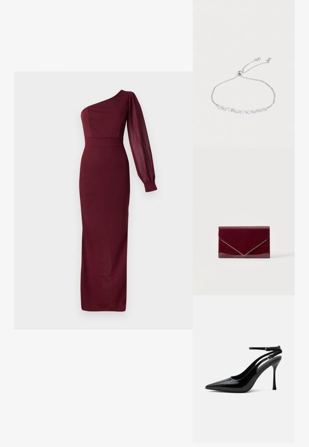 Vestido de noche burdeos con diseño de un solo hombro, que presenta un corsé ajustado y una larga manga de globo transparente. Textura suave, longitud hasta el suelo.; Zapato destalonado de piel de charol negra con tacón alto, punta puntiaguda y doble tirante en el tobillo con hebillas plateadas.; Bolso de mano estilo sobre en rojo oscuro brillante con ribete dorado a lo largo del borde de la solapa sobre un fondo claro liso.; Delicado brazalete ajustable de plata con pequeños cristales transparentes en forma de cubo ensartados a lo largo de la cadena sobre un fondo claro y liso.