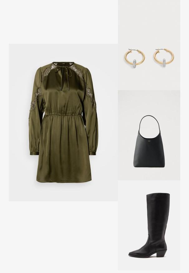 Robe vert olive en satin avec des manches longues, des accents en dentelle aux épaules, un col à cordon, et une taille élastique. Texture lisse.; Botte en cuir noire mi-mollet avec un bout pointu et un talon bas incliné sur un fond clair uni.; Sac à main en cuir noir avec une seule poignée courbée, texture lisse et un logo discret à l'avant. Design minimaliste et intérieur spacieux.; Paire de boucles d'oreilles créoles dorées avec un petit détail boucle ton argent sur chaque, exposées sur fond gris clair.