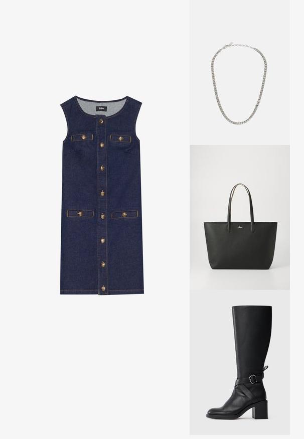 Denimkleid mit ärmellosem Design, dunkelblauer Farbe, vorderem Knopfverschluss und zwei Taschen. Details in Goldton und Steppnähte akzentuieren das Kleid.; Schwarze Lederstiefel bis zur Wade mit Blockabsatz und dekorativem Riemen mit silberner Schnalle auf hellem, einfarbigem Hintergrund.; Schwarze Leder-Tote-Tasche mit strukturiertem Finish, doppelten Griffen und einem kleinen silbernen Logo auf der Vorderseite. Einfaches, rechteckiges Design.; Silberne Halskette mit variierenden Gliedgrößen, ausgestattet mit einem Karabiner und einem kleinen Markenetikett, das eine glatte, polierte Textur zeigt.