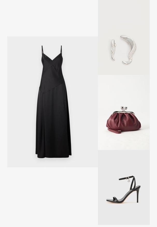 Vestido maxi de satén negro con delgadas tirantes ajustables, que presenta un diseño geométrico y una silueta fluida. Textura suave con un acabado mate.; Sandalia de tacón alto negra con una estrecha correa en el tobillo, punta cuadrada, material de cuero liso y detalle de hebilla metálica.; Pequeño bolso de mano de cuero burdeos con cierre metálico plateado y correa de muñeca sobre un fondo blanco.; Dos pendientes de plata curvados, uno más grande que el otro, ambos adornados con pequeños cristales brillantes a lo largo de un borde.