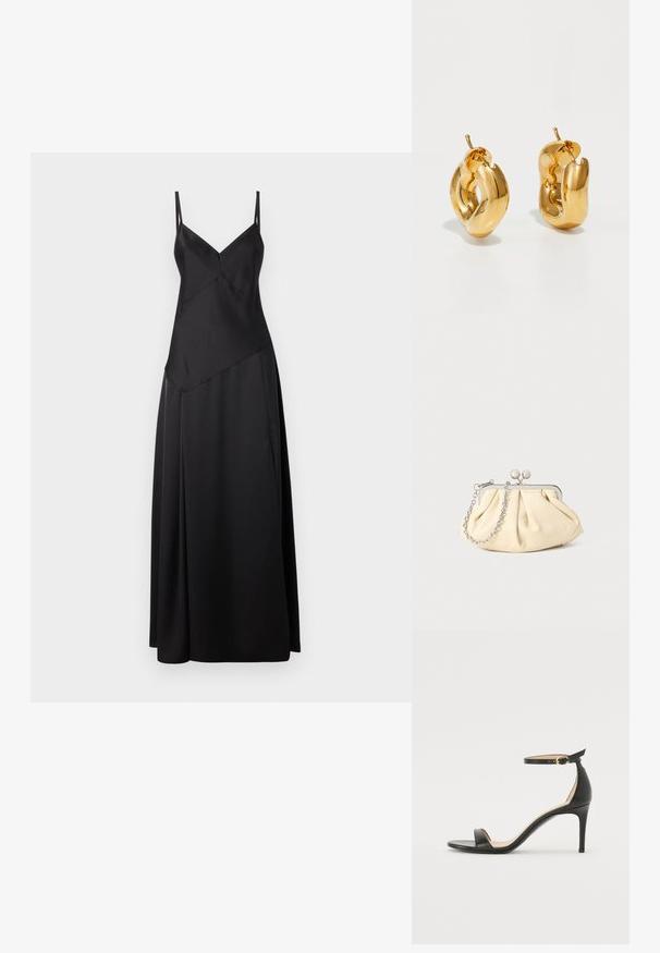 Vestido maxi de satén negro con delgadas tirantes ajustables, que presenta un diseño geométrico y una silueta fluida. Textura suave con un acabado mate.; Sándalo de tacón alto de piel negra con tiras en el tobillo. Presenta una textura suave, puntera abierta y un tacón delgado. Detalles de hebilla en tono dorado.; Clutch de cuero beige plisado con un marco de metal plateado, que cuenta con dos broches decorativos redondos y una correa de cadena plateada.; Pendientes de aro grueso en oro con un diseño tubular ligeramente retorcido y cierre de presión, sobre un fondo blanco.