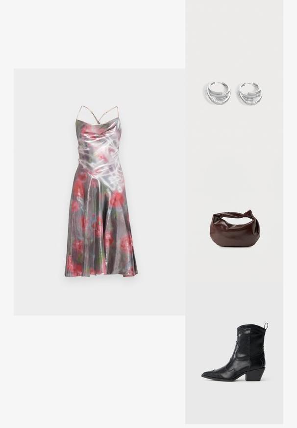 Robe sans manches avec une finition brillante, imprimé floral en tons rouges et verts, et un ourlet évasé. Bretelles fines réglables.; Botte western en cuir noir mi-mollet avec bout pointu, couture décorative, tirette et talon bloc empilé sur fond neutre.; Sac bandoulière en cuir marron foncé avec une forme souple et décontractée et une anse nouée torsadée sur un fond blanc uni.; Paire de boucles d'oreilles anneaux en argent poli avec un design de barre incurvée superposée sur un fond clair uni.