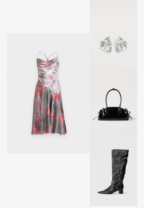 Robe sans manches avec une finition brillante, imprimé floral en tons rouges et verts, et un ourlet évasé. Bretelles fines réglables.; Bottes noires en cuir jusqu'au genou avec un bout pointu, un tige décontractée et un talon carré. Texture lisse avec peu de coutures visibles.; Petit sac à main noir brillant avec deux longues anses et des détails à cordon sur les côtés sur un fond clair uni.; Boucles d'oreilles en métal argenté avec un design ondulé et sculptural, présentant une finition polie et des formes irrégulières, mettant en valeur une esthétique contemporaine.