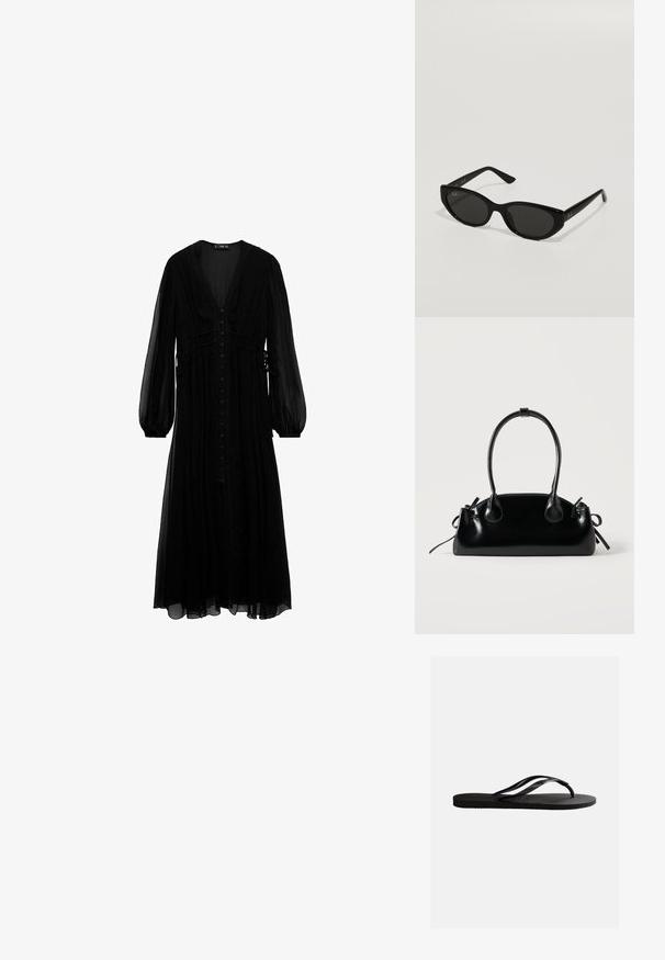 Vestido maxi negro de tela transparente, con mangas largas, escote en V profundo, botones en la parte delantera y detalles recogidos en la cintura.; Chancla negra de goma con plantilla texturizada y finas correas en forma de Y sobre un fondo blanco liso.; Gafas de sol negras con una forma de ojo de gato estrecha. Hechas de plástico suave, con lentes oscuros y sutiles acentos de logo en las patillas.; Pequeño bolso negro brillante con dos asas largas y detalles de cordón lateral sobre un fondo claro liso.