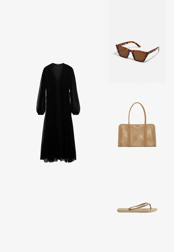 Vestido maxi negro de tela transparente, con mangas largas, escote en V profundo, botones en la parte delantera y detalles recogidos en la cintura.; Chanclas con una suela texturizada beige, finas tiras marrones y acentos de purpurina dorada. Diseño ligero adecuado para uso casual.; Gafas de sol con tonalidades marrones y un patrón de carey, de montura angular y brazos delgados. Material plástico ligero.; Bolso rectangular tejido color cuero claro con dos asas largas y lisas y un patrón de celosía abierta en todo el cuerpo del bolso.